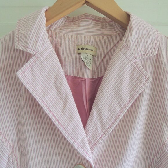 Anthro Elevenses Pink & White Pinstripe Seersucker Blazer 8 - Picture 3 of 10